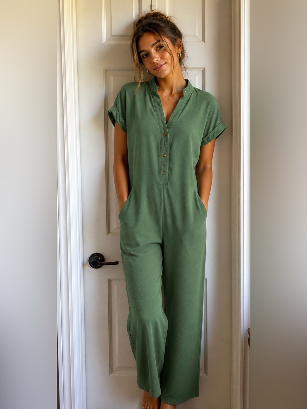 Casual Olive Green Short-Sleeve Women's Jumpsuit